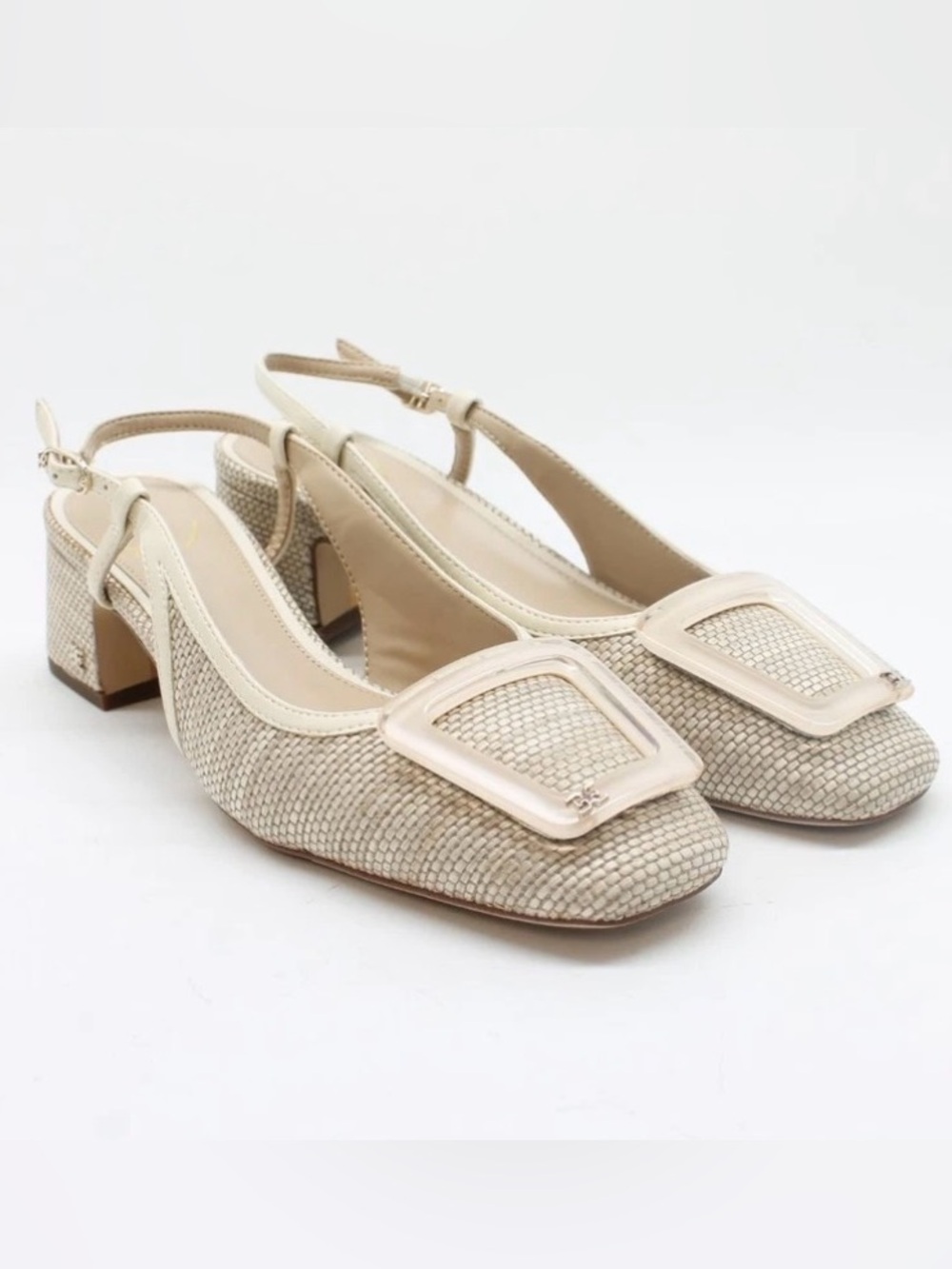 Sam Edelman Tracie Buckled Slingback Block Heel Pump Light Natural Weave 9 NWOT